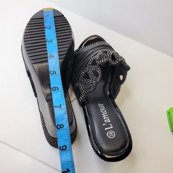 SIZE 7 Black Rhinestone Wedge Heels Shoes Platform Slide Sandals Slippers NEW - Picture 7 of 16